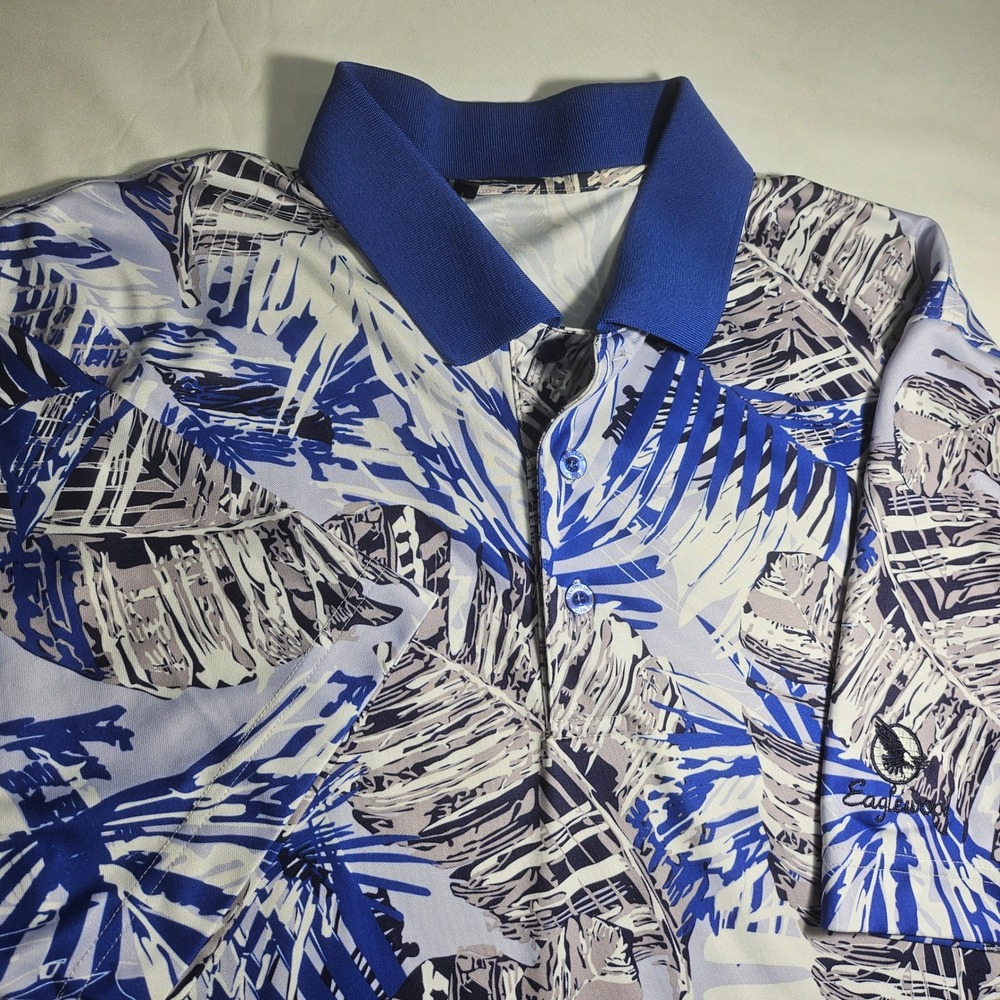 Monterey Club Mens Blue White Tropical Palm Leaf Golf Polo Shirt Eaglewood L
